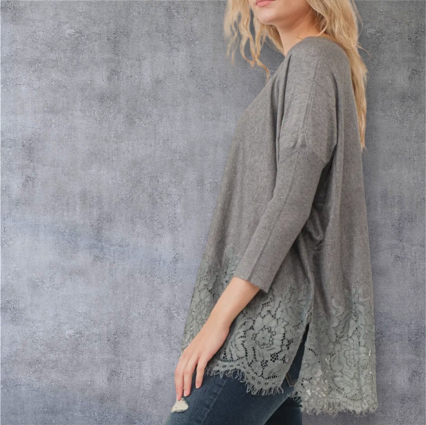Grey Lace Knit Woven Top