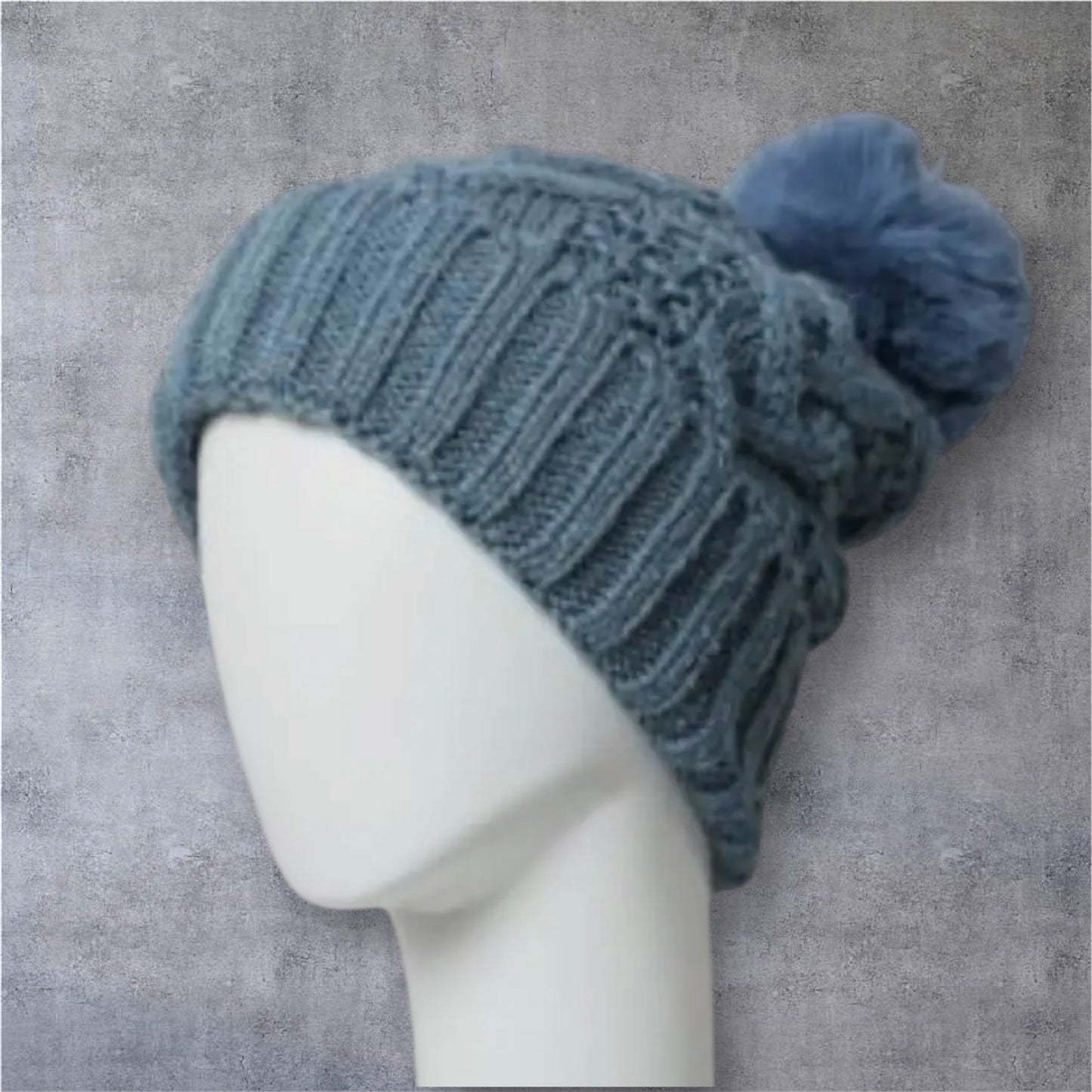 Cable Knit Beanie in Blue Pom
