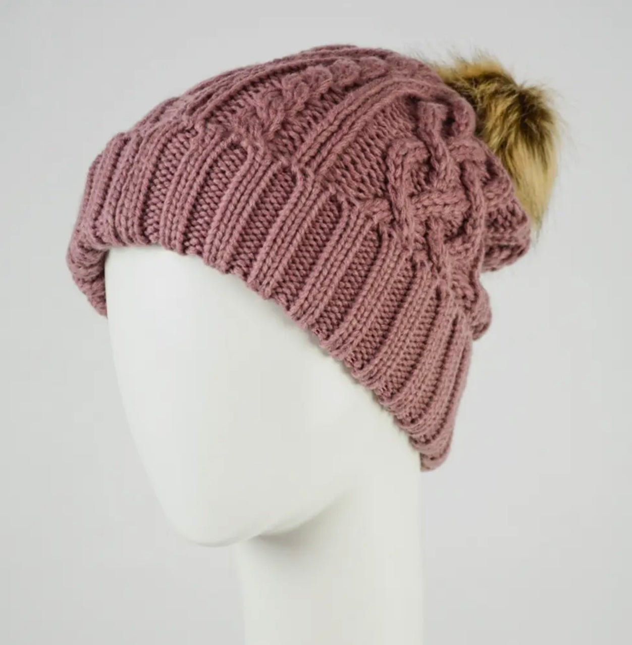 Soft Cable Knit Beanie with Faux Fur Pom in Mauve