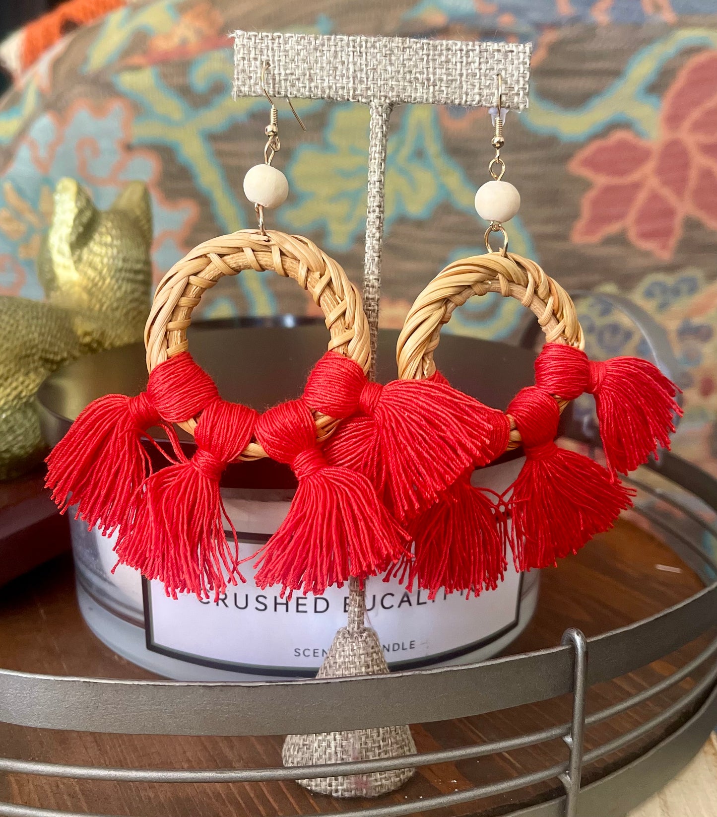 Fringe Rattan Earrings in Red