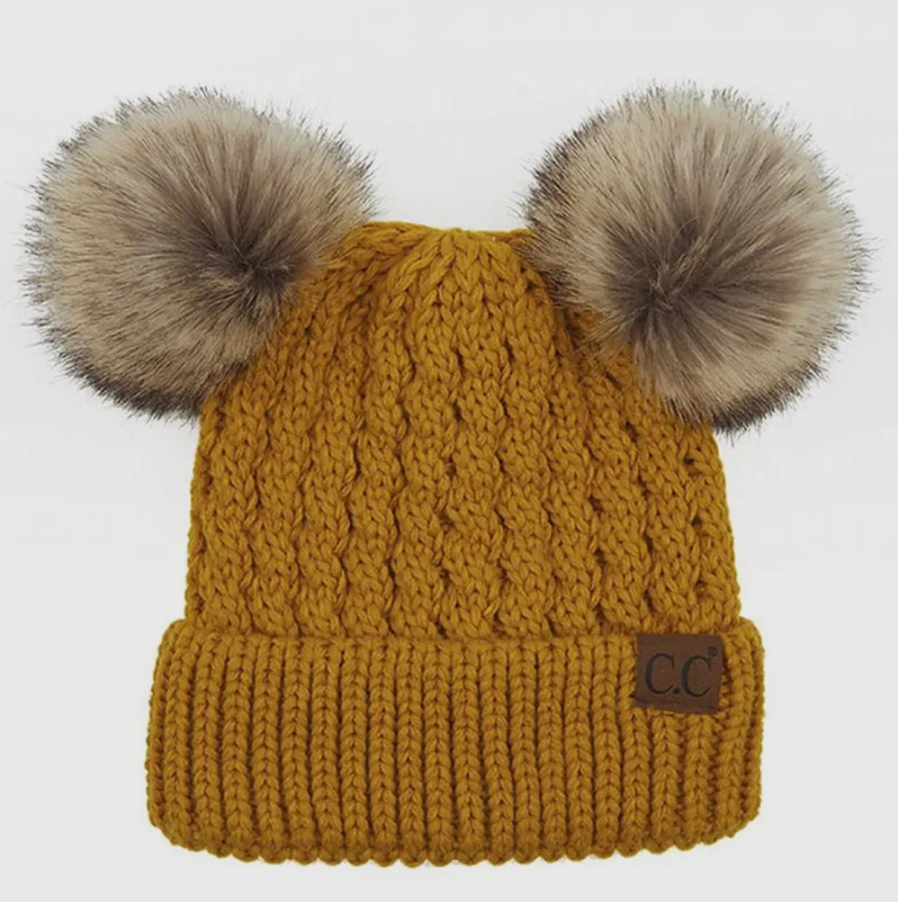 Knit Beanie in Mustard Double Pom