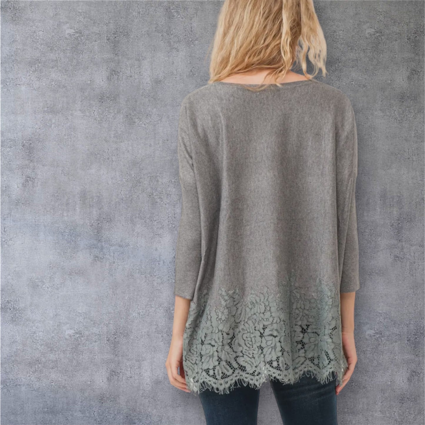 Grey Lace Knit Woven Top
