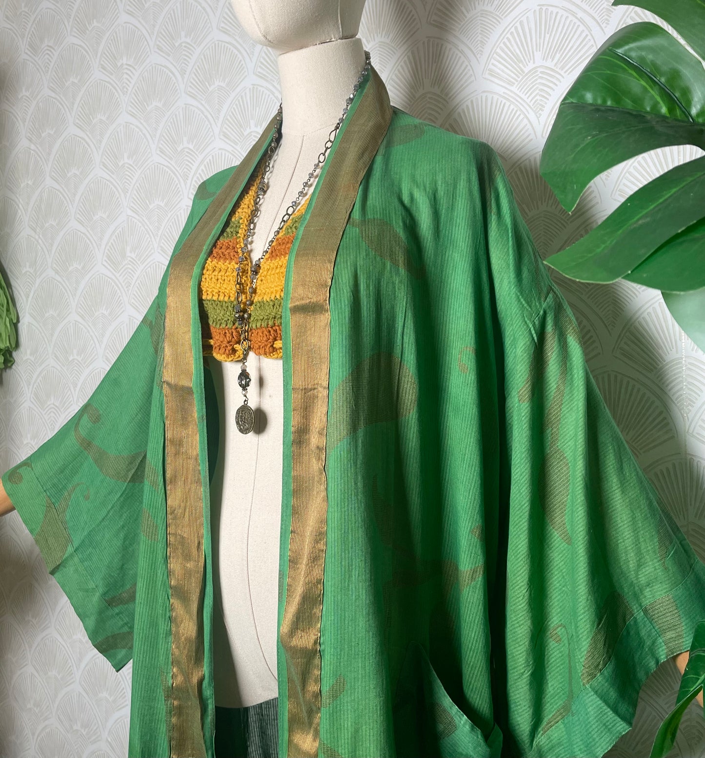 Cotton Kimono in Green Paisley