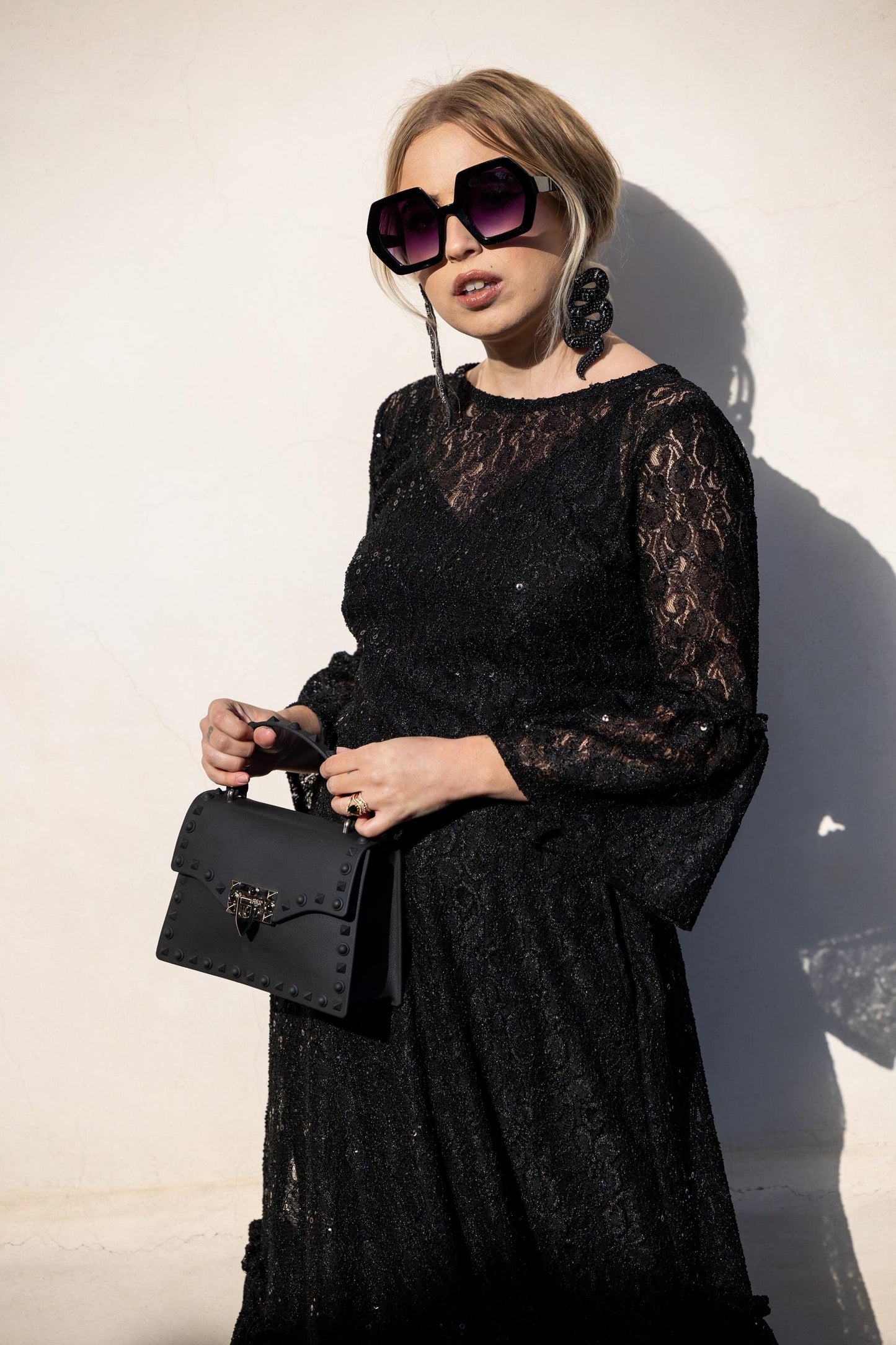 Black Sequin Lace Ruffle Dress by Jennafer Grace