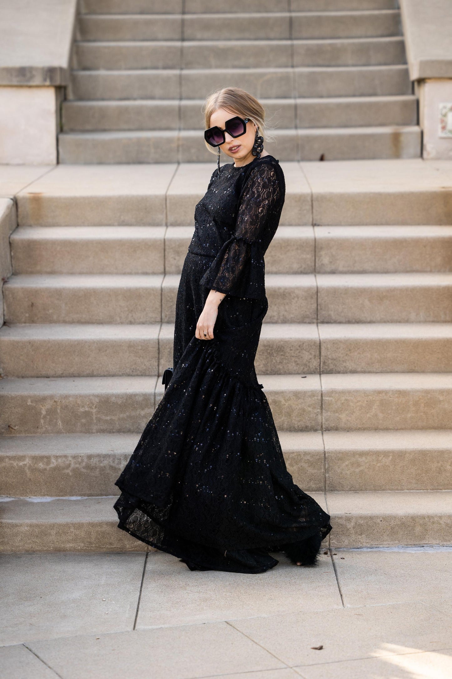 Black Sequin Lace Ruffle Dress by Jennafer Grace