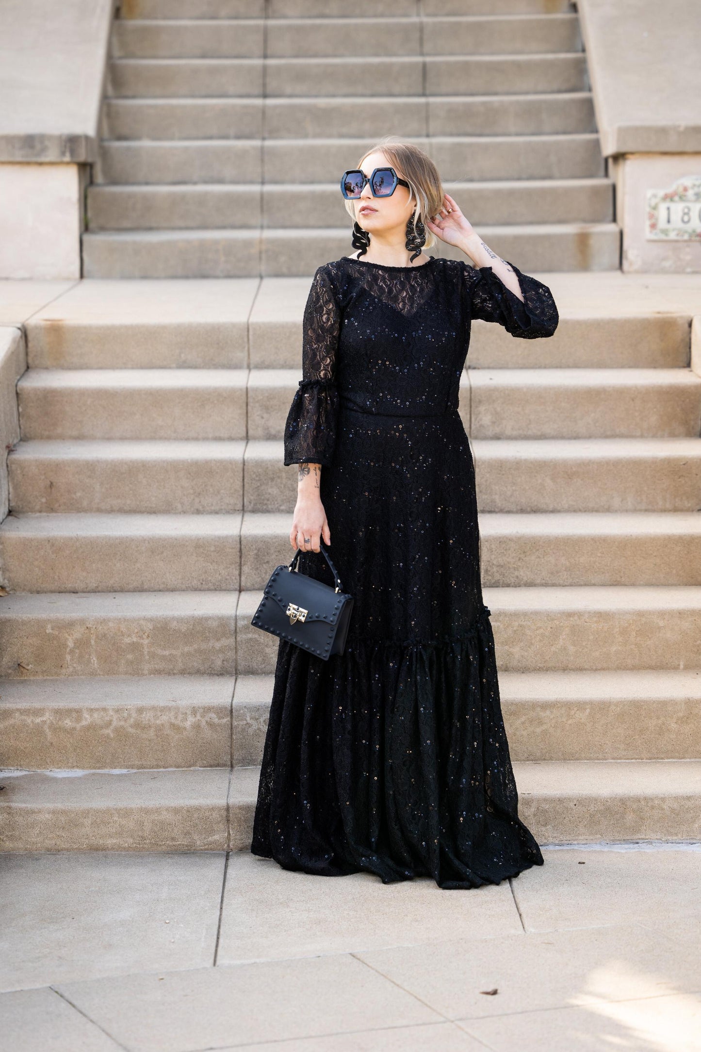 Black Sequin Lace Ruffle Dress by Jennafer Grace