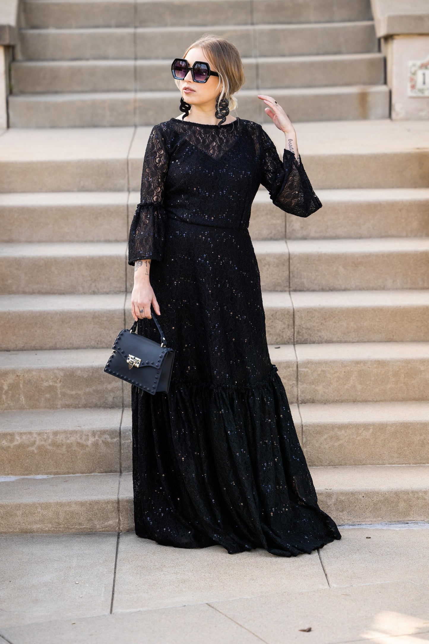 Black Sequin Lace Ruffle Dress by Jennafer Grace