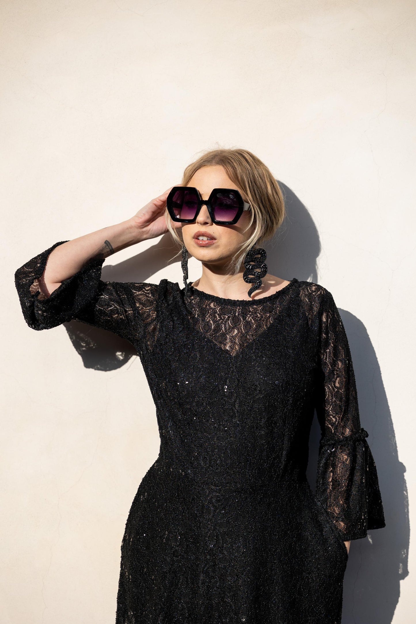 Black Sequin Lace Ruffle Dress by Jennafer Grace