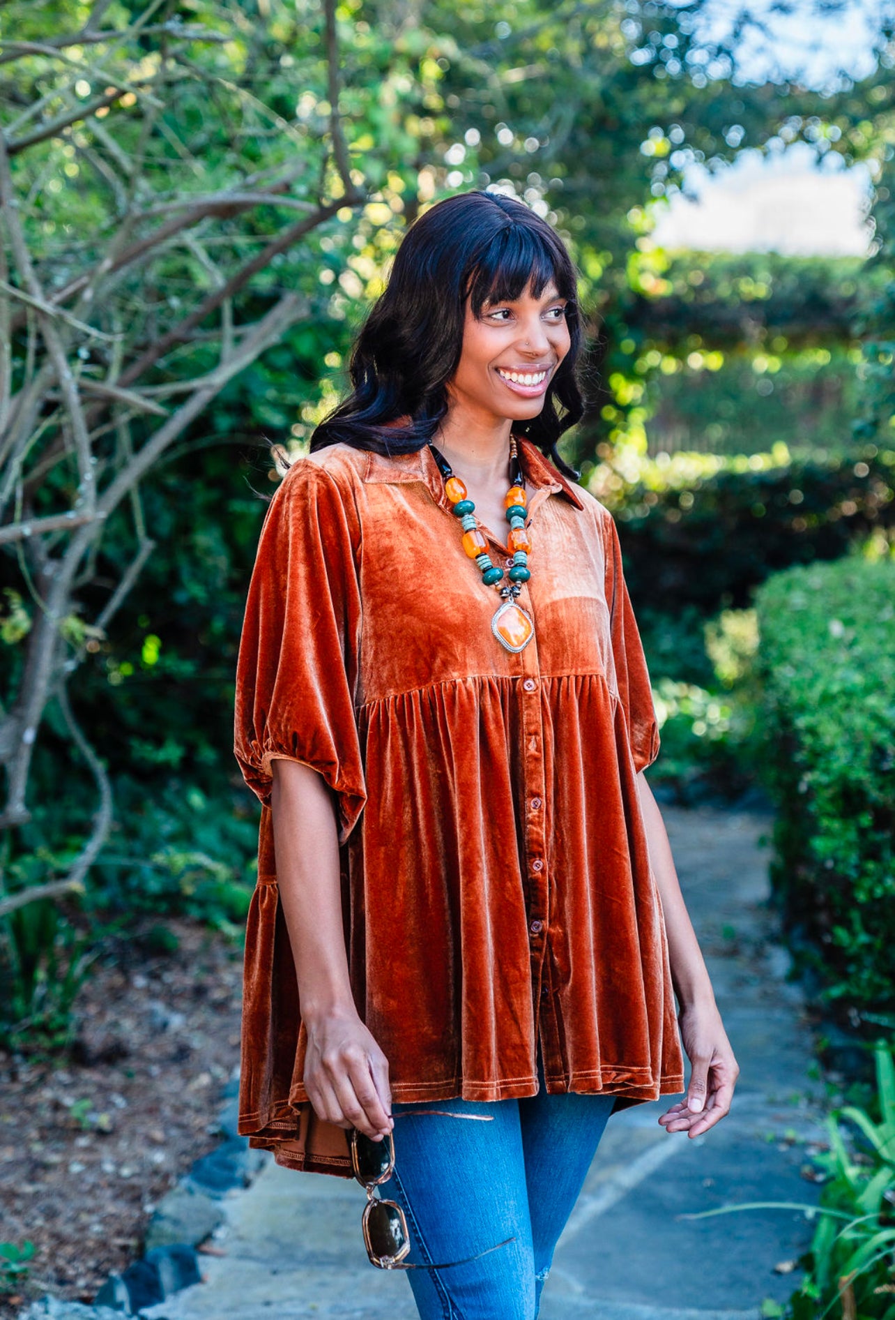 Babydoll Velvet Tunic in Rust