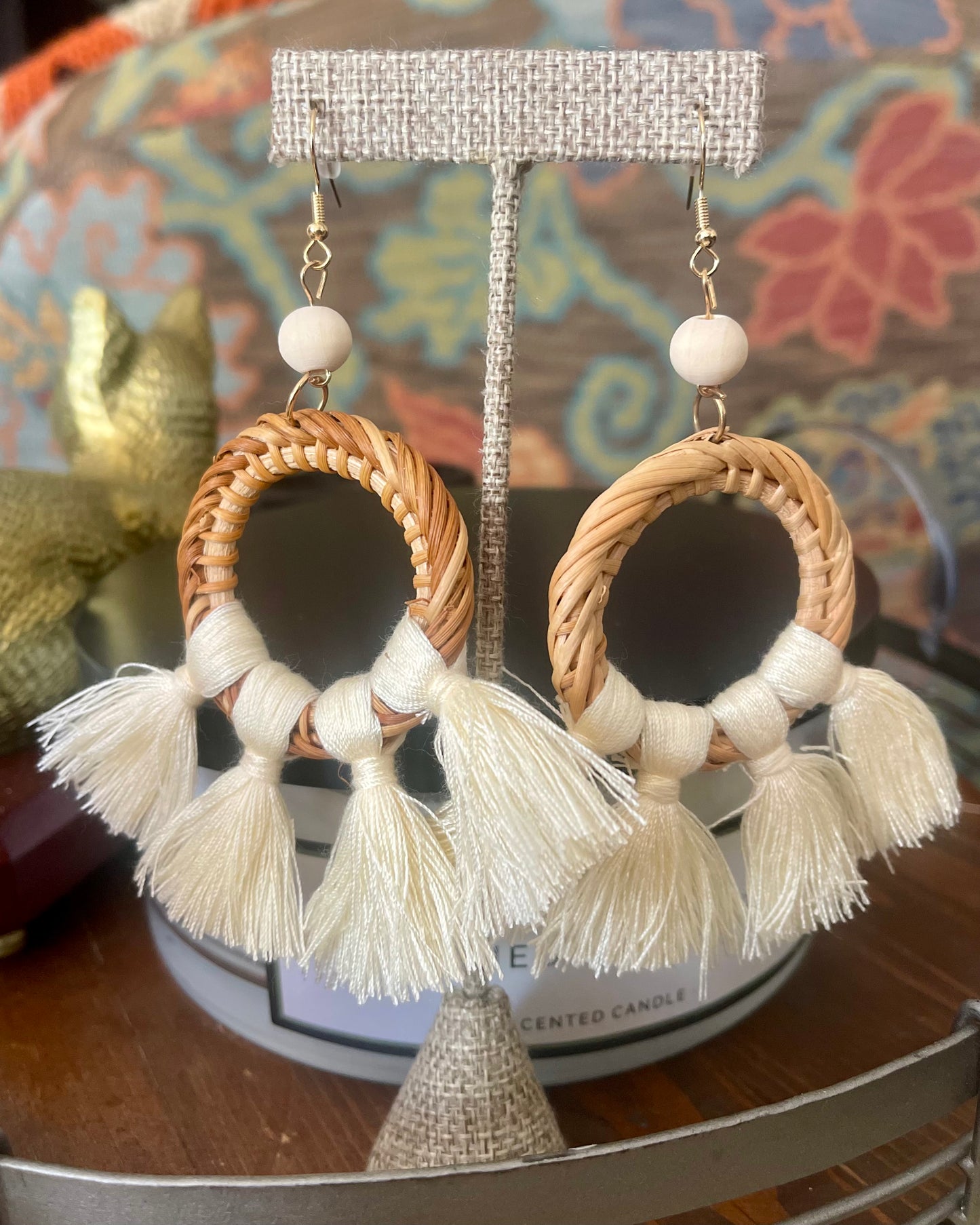 Fringe Rattan Earrings in Ivory Color