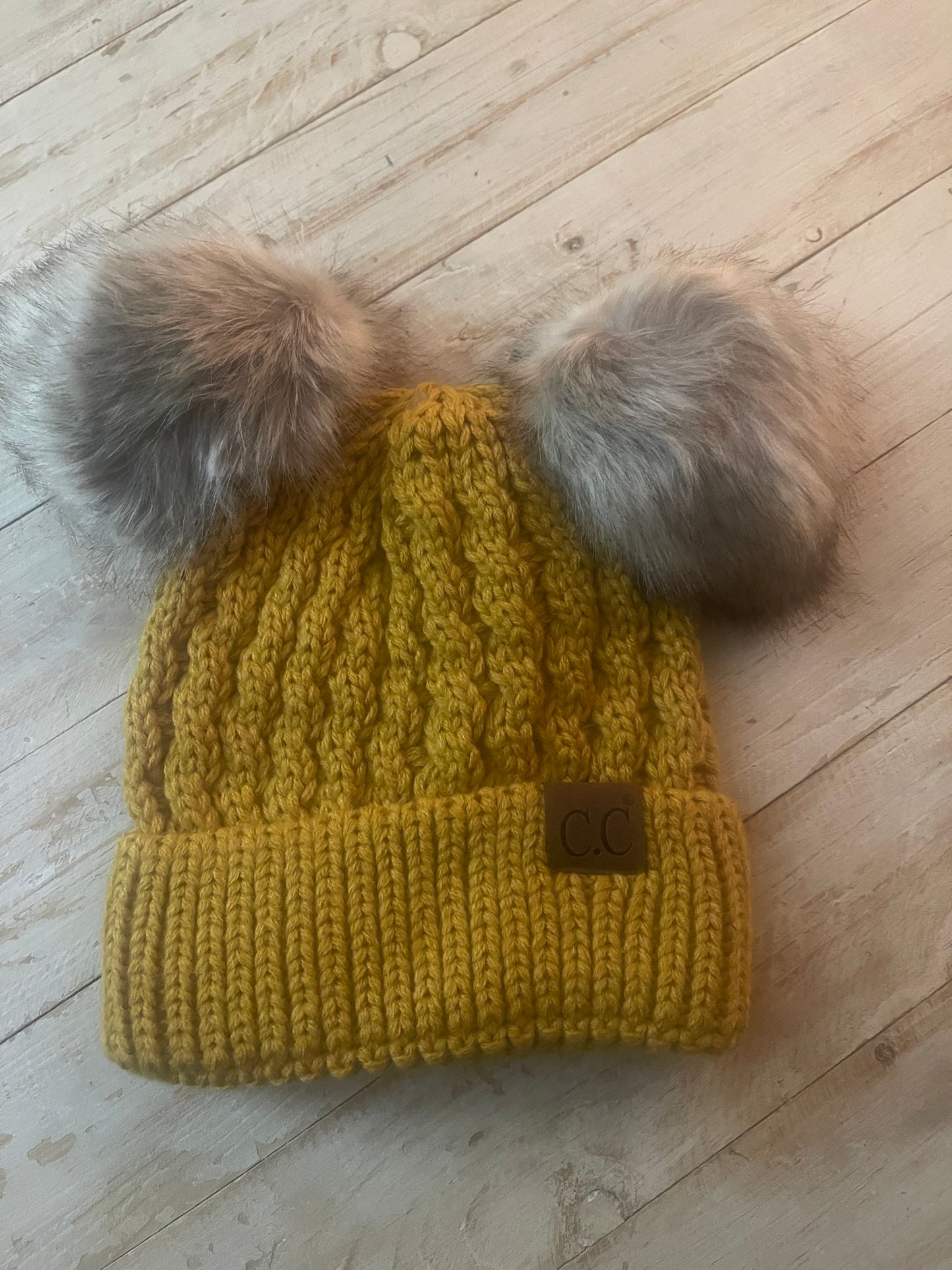 Knit Beanie in Mustard Double Pom
