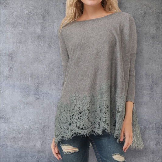 Grey Lace Knit Woven Top