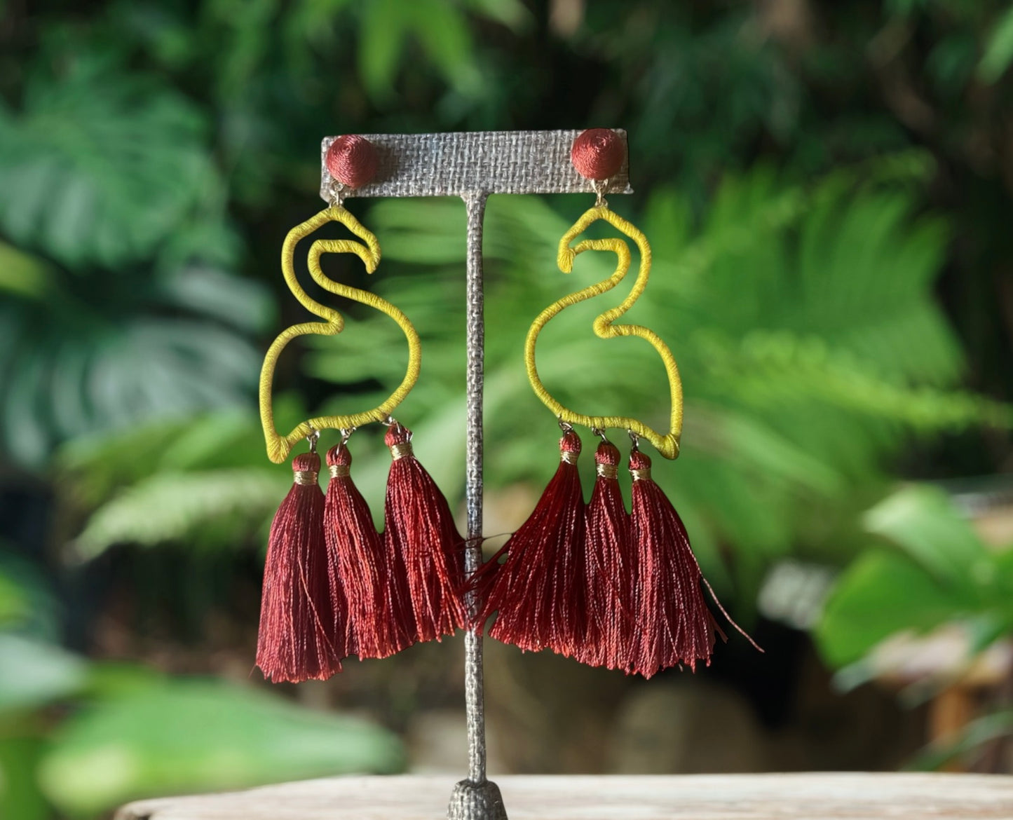 Flamingo Tassel Earrings in Burgundy