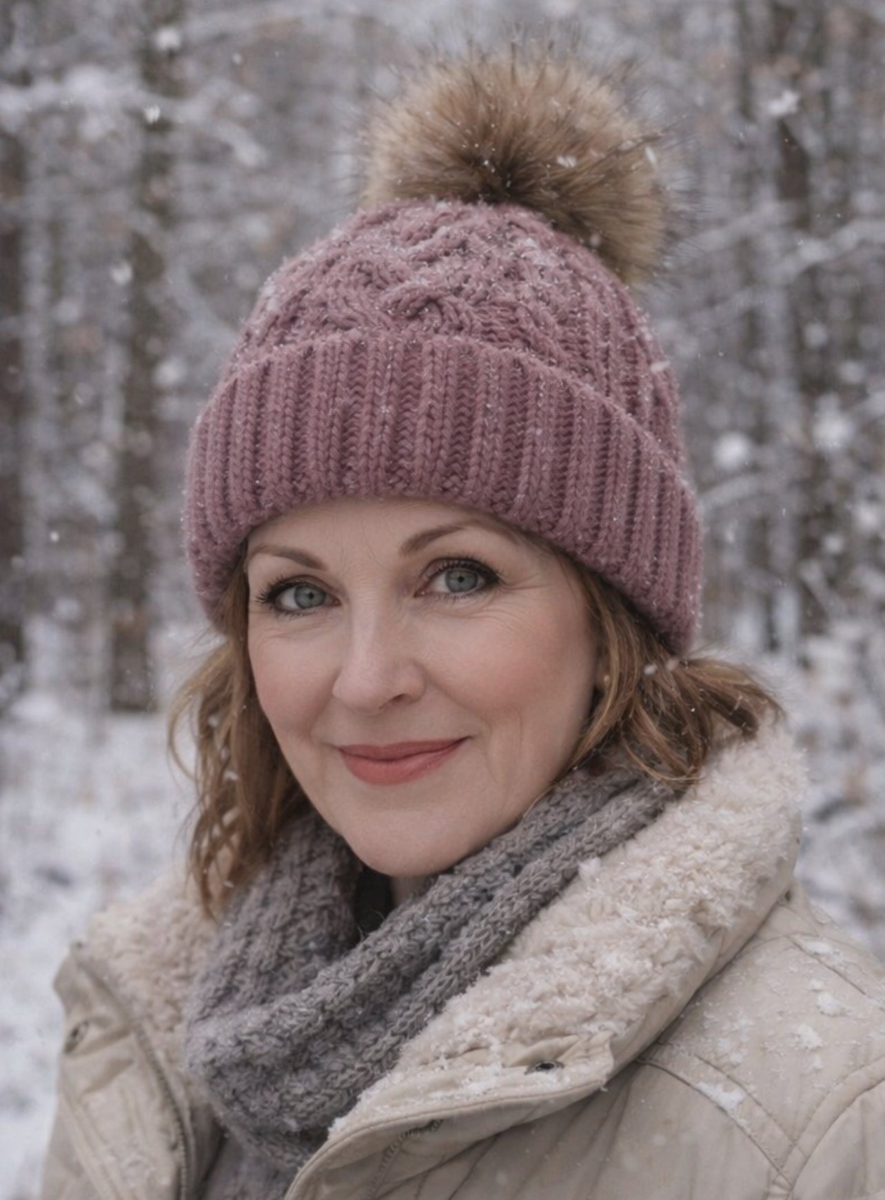Soft Cable Knit Beanie with Faux Fur Pom in Mauve