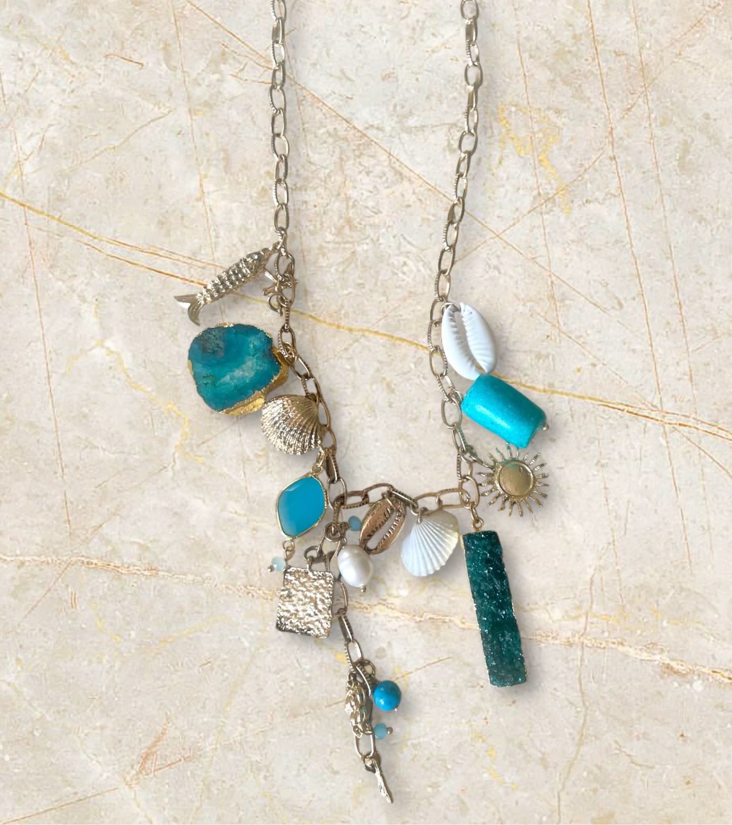 Necklace with Charms and Blue Semi Precious Stones