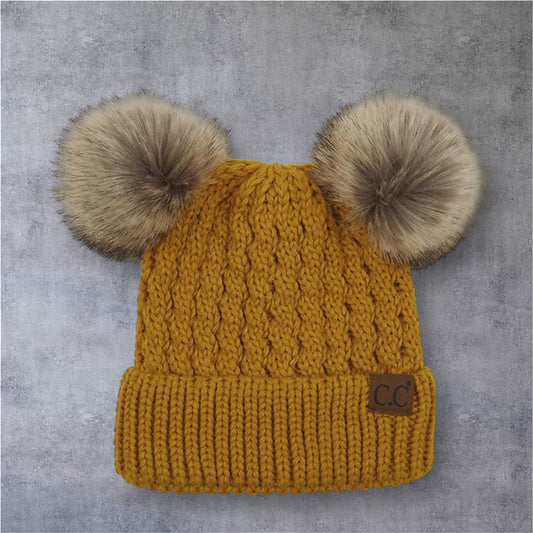 Knit Beanie in Mustard Double Pom