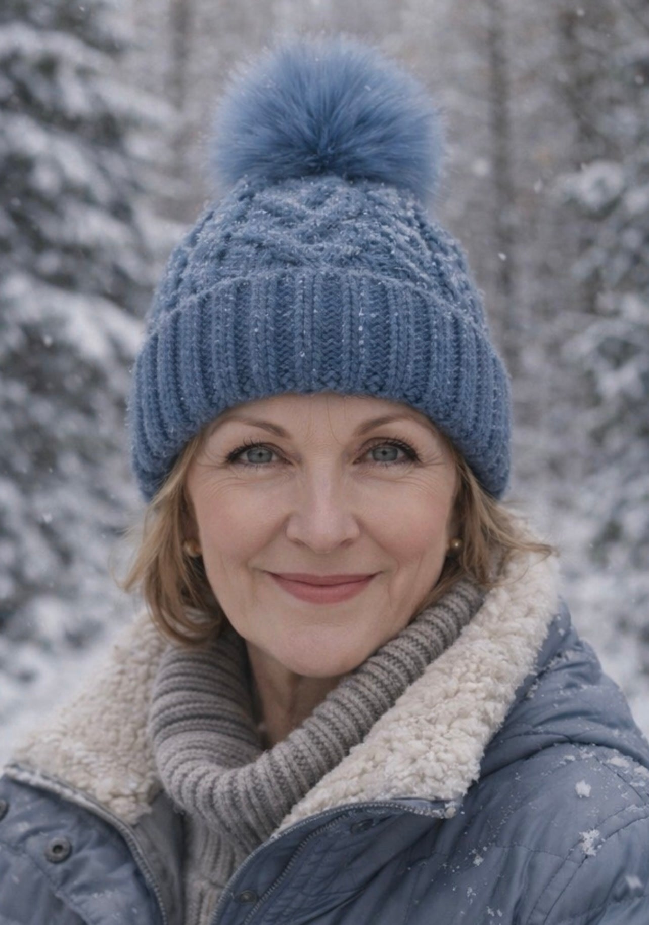 Cable Knit Beanie in Blue Pom