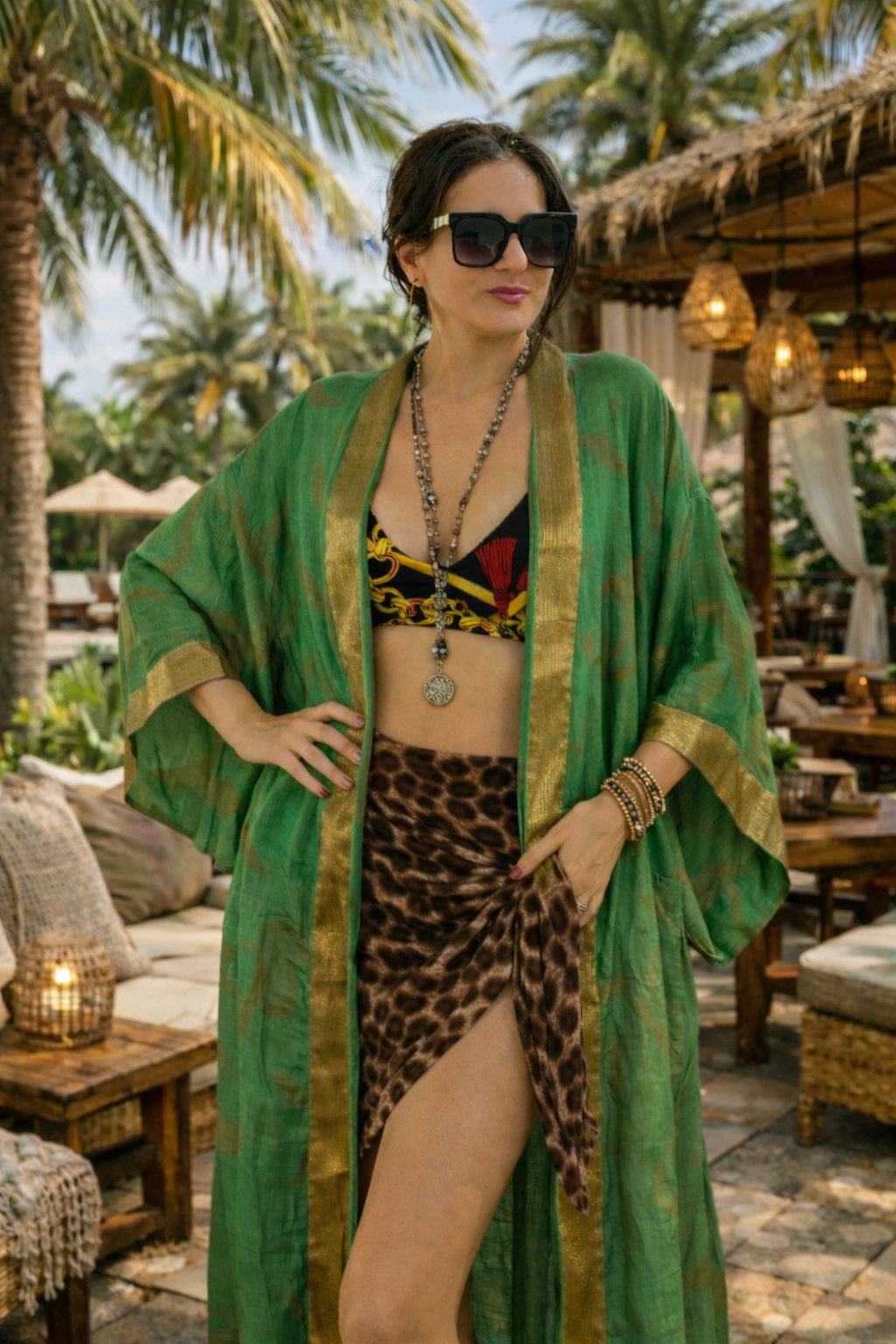 Cotton Kimono in Green Paisley