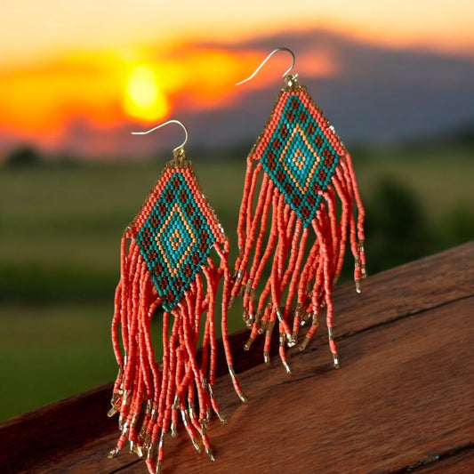 Pueblo Bead Fringe Earrings in Coral