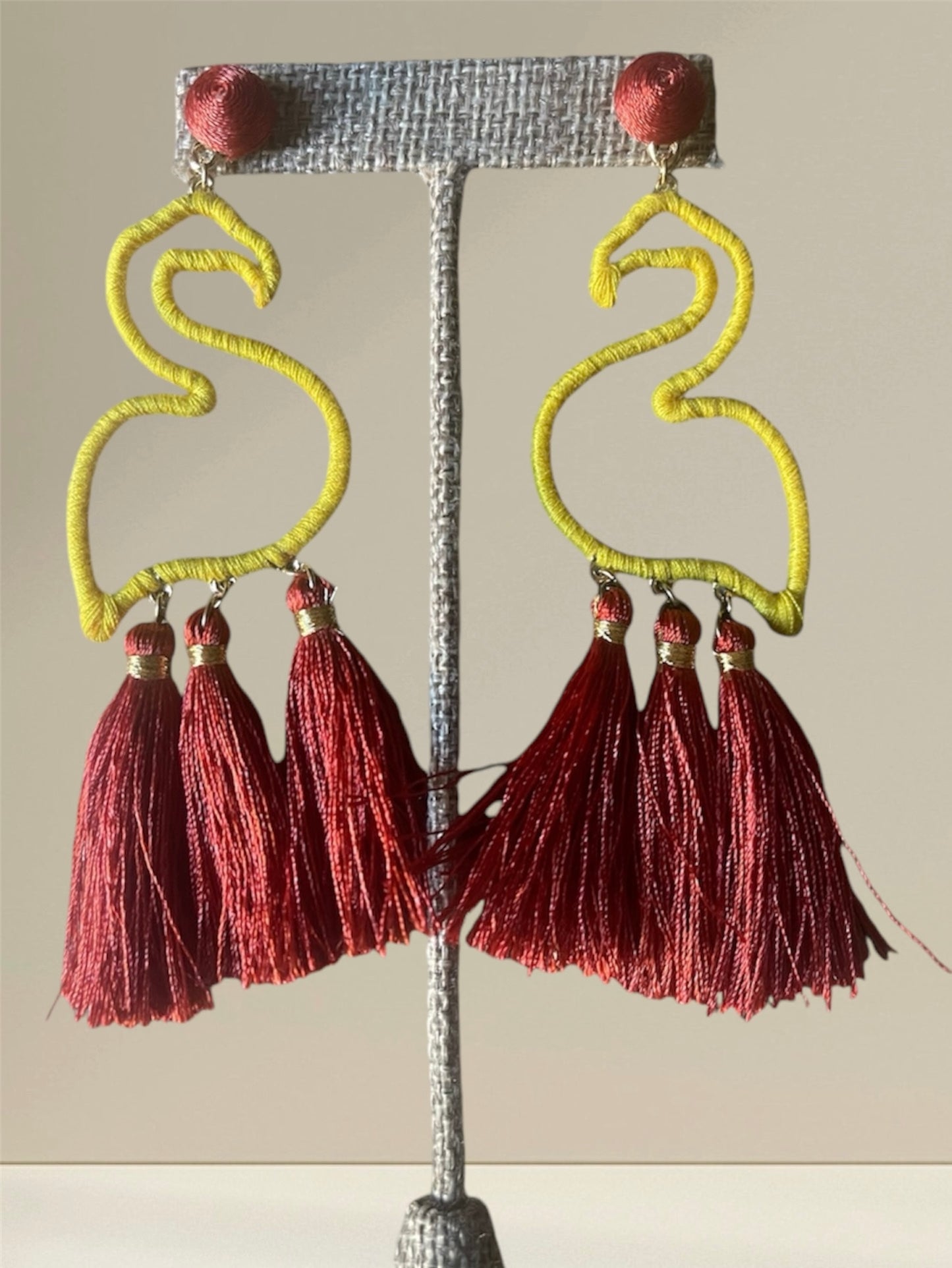 Flamingo Tassel Earrings in Burgundy