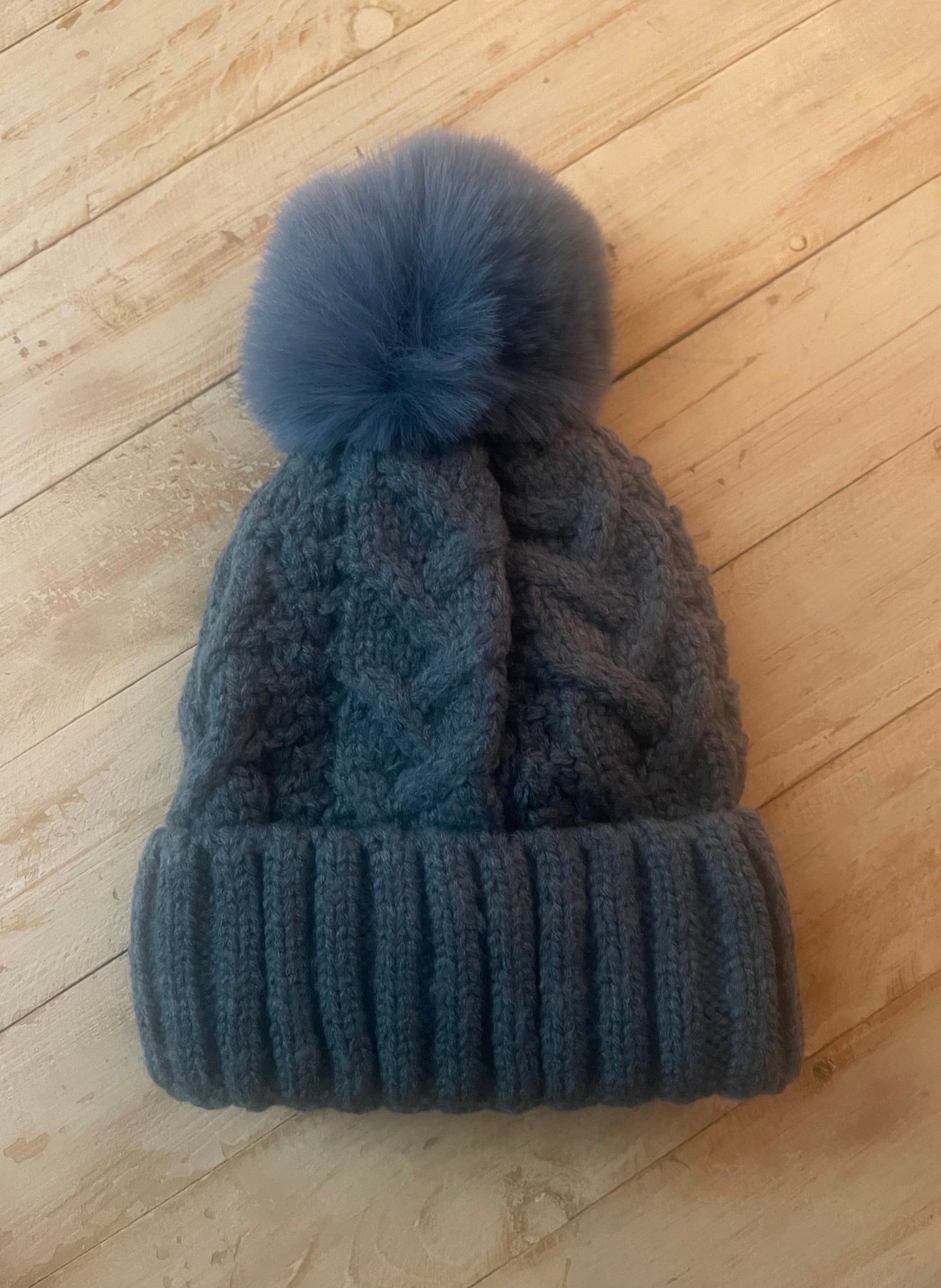 Cable Knit Beanie in Blue Pom