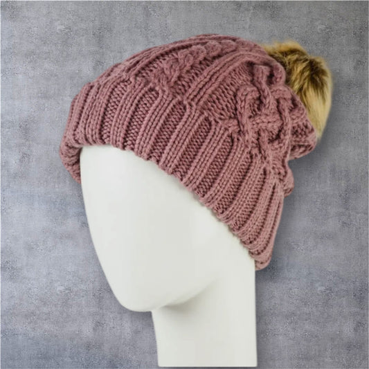 Soft Cable Knit Beanie with Faux Fur Pom in Mauve