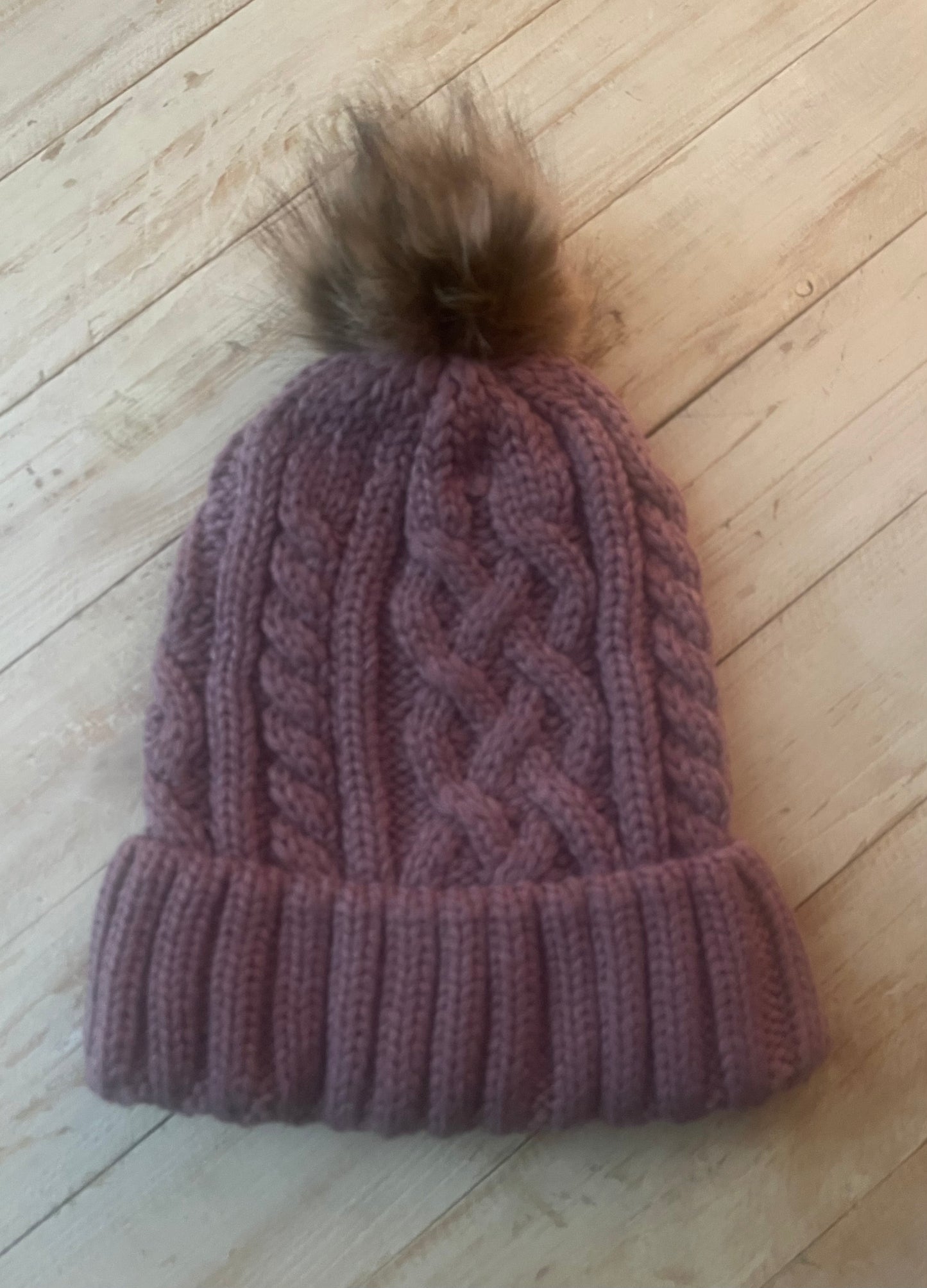 Soft Cable Knit Beanie with Faux Fur Pom in Mauve