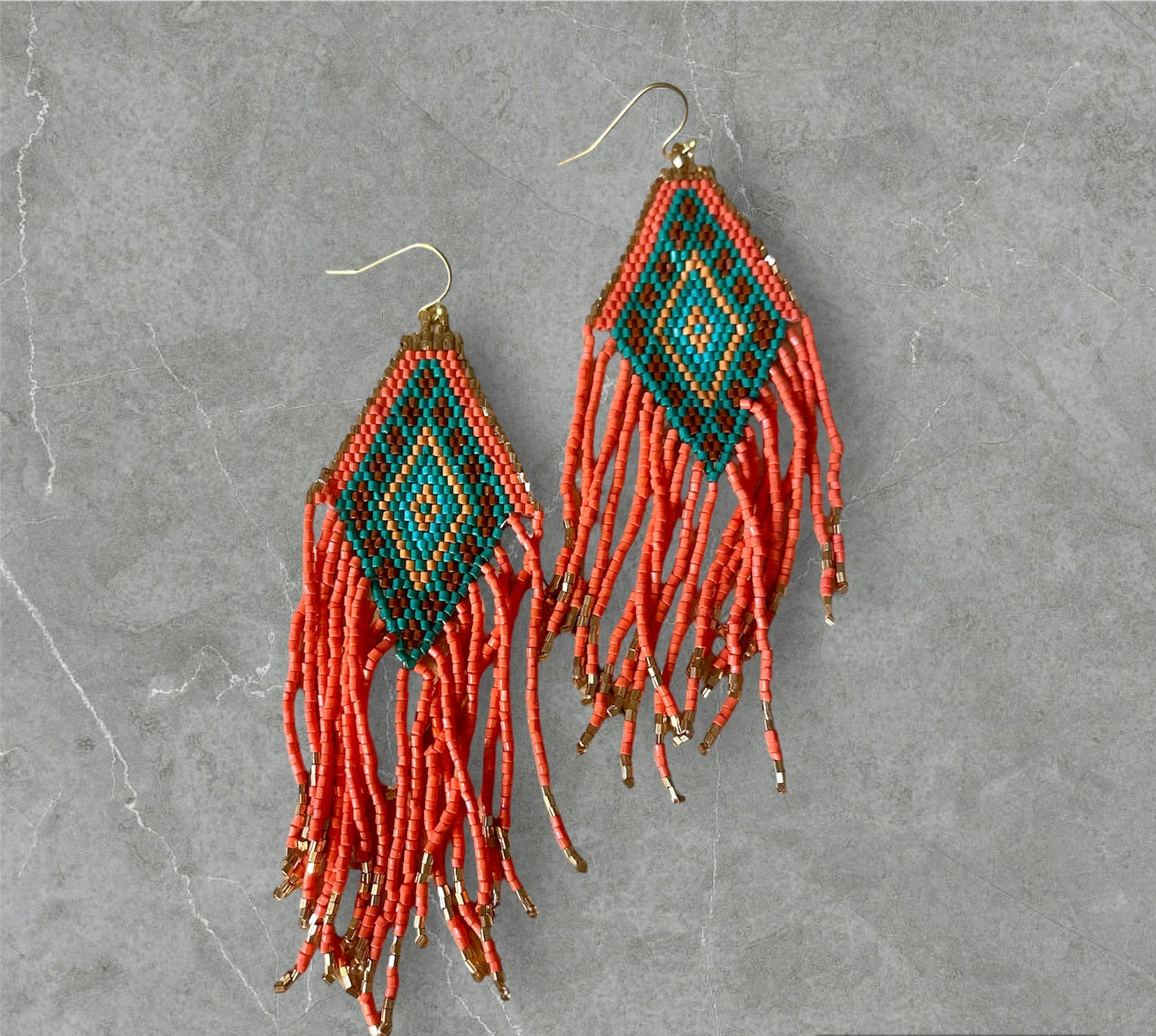 Pueblo Bead Fringe Earrings in Coral