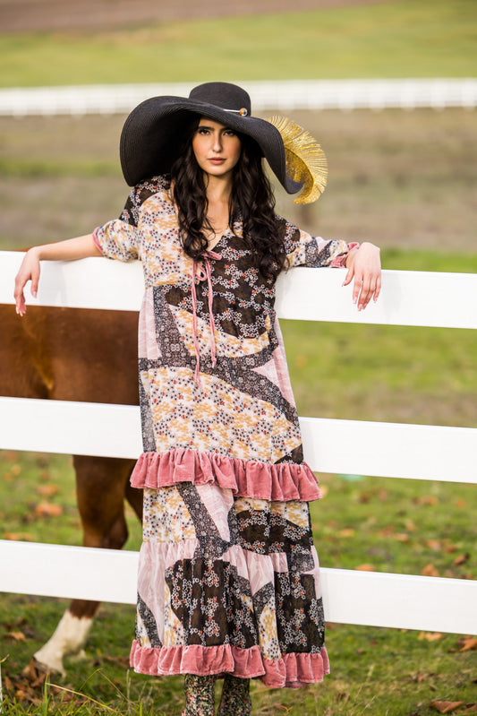 Ophelia Velvet Ruffle Maxi Dress in Hana Heather