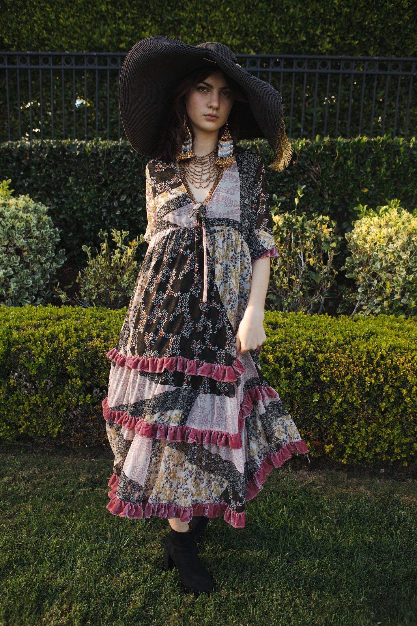 Ophelia Velvet Ruffle Maxi Dress in Hana Heather