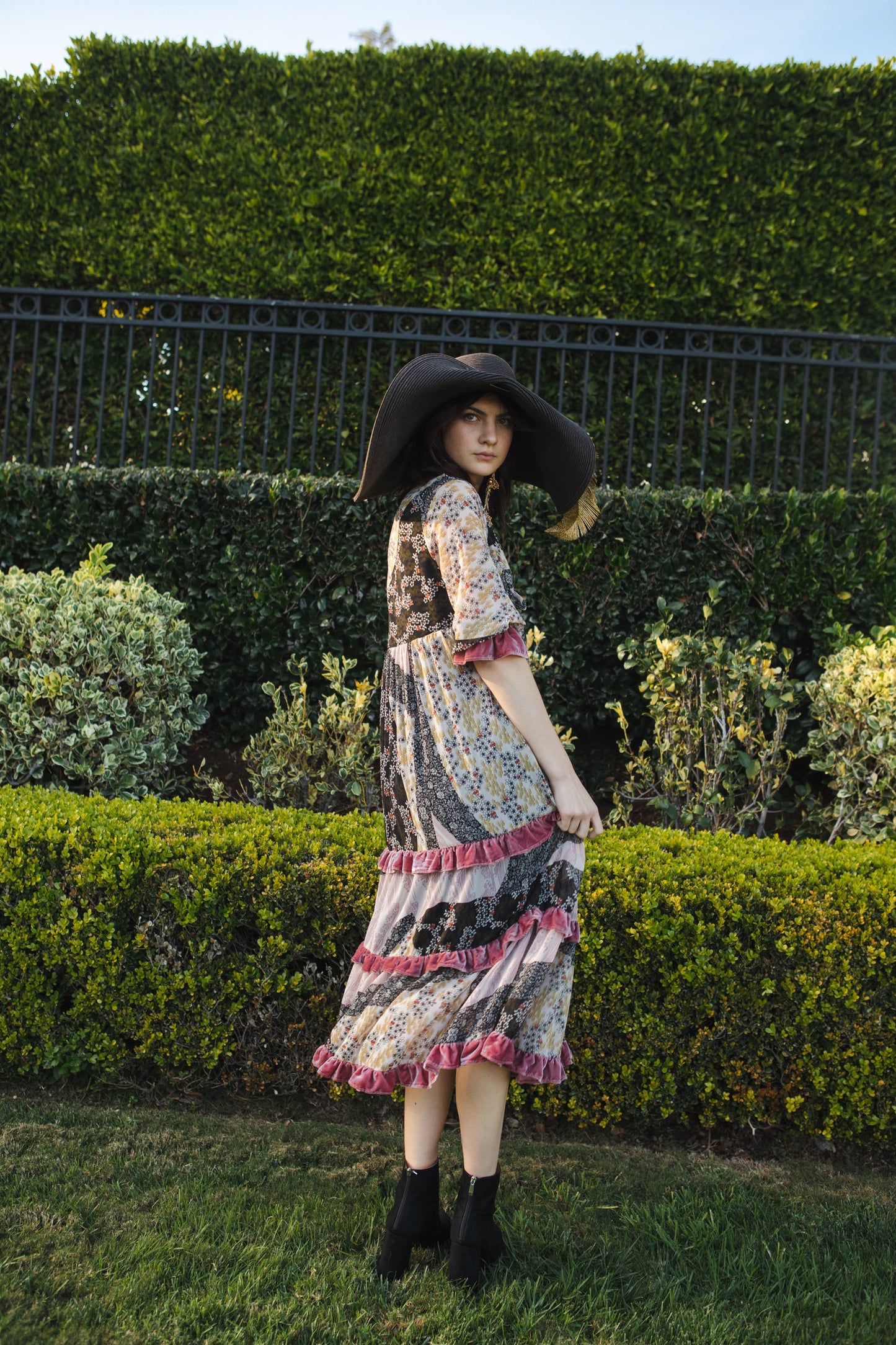 Ophelia Velvet Ruffle Maxi Dress in Hana Heather