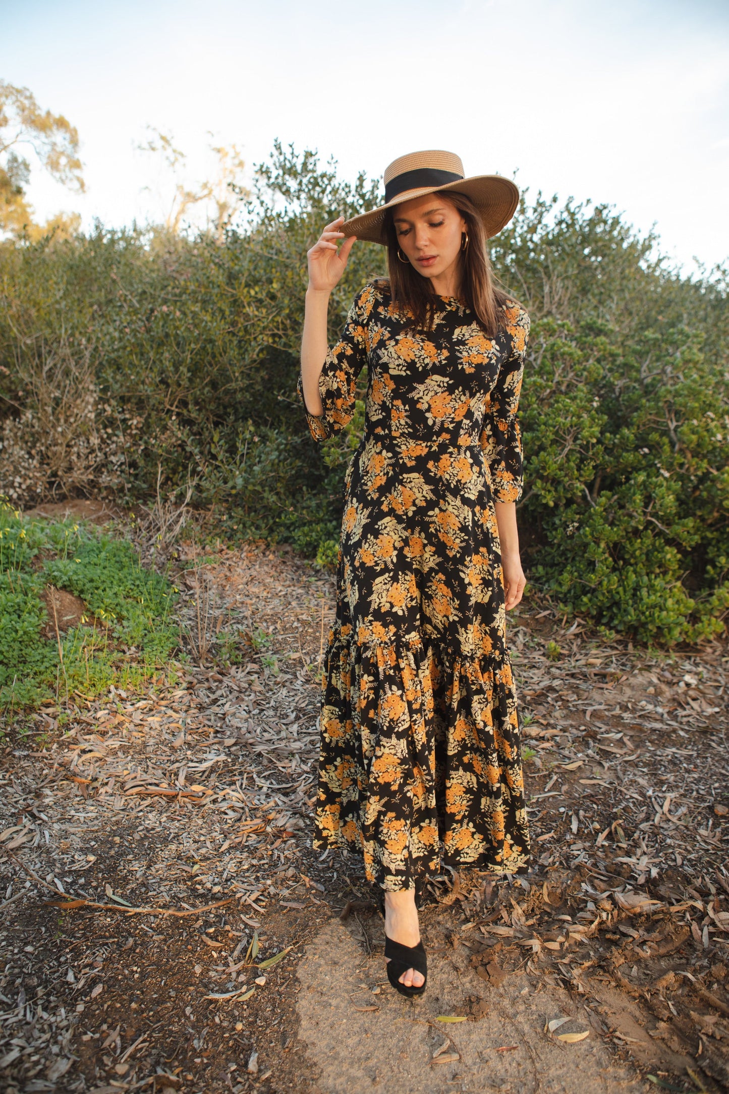 Imogen 1-Tier Ruffle Maxi Dress in Marigold Blossom