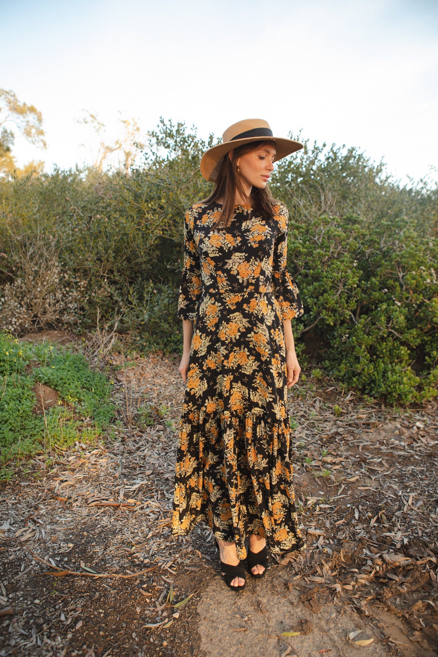 Imogen 1-Tier Ruffle Maxi Dress in Marigold Blossom
