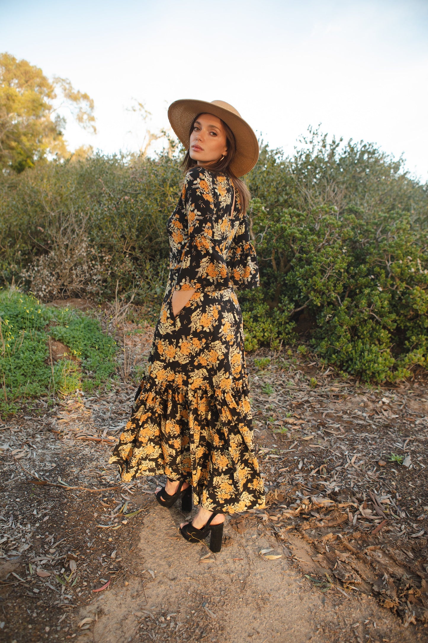 Imogen 1-Tier Ruffle Maxi Dress in Marigold Blossom